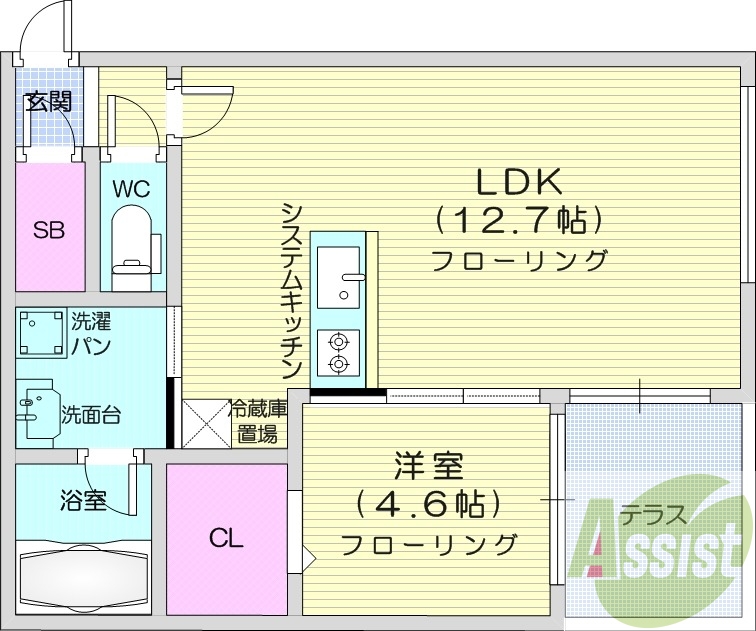 1LDK、エアコン、都市ガス、システムキッチン