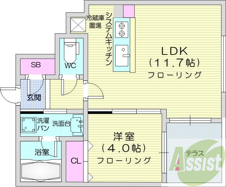 1LDK、エアコン、都市ガス、システムキッチン