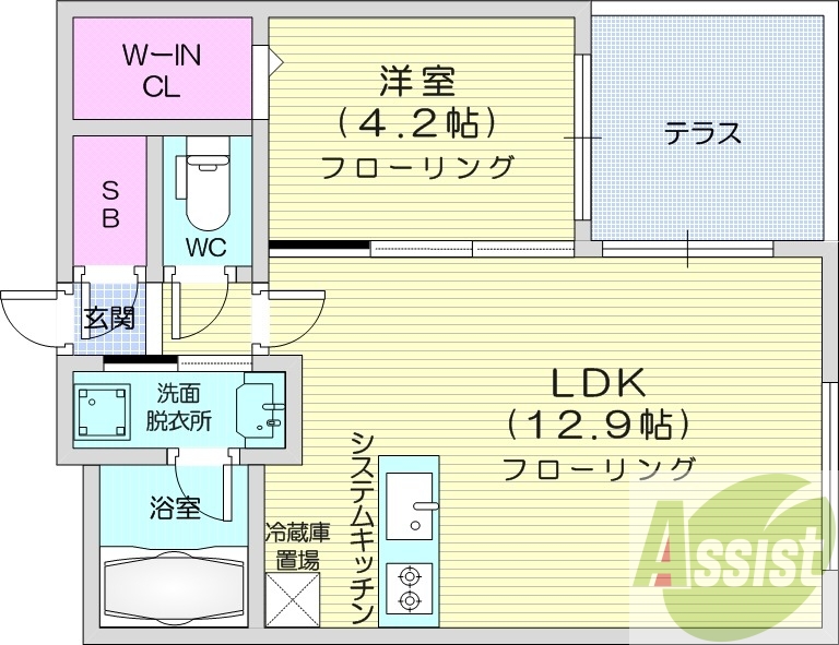 1LDK、エアコン、都市ガス、システムキッチン