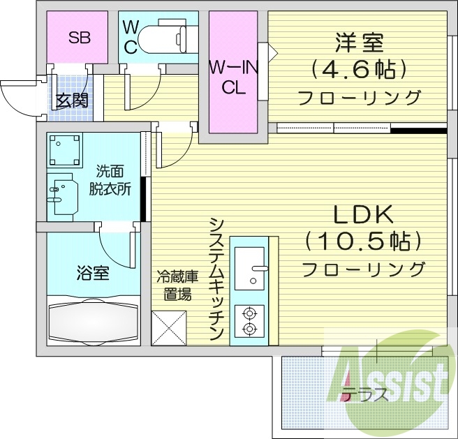 1LDK、エアコン、都市ガス、システムキッチン