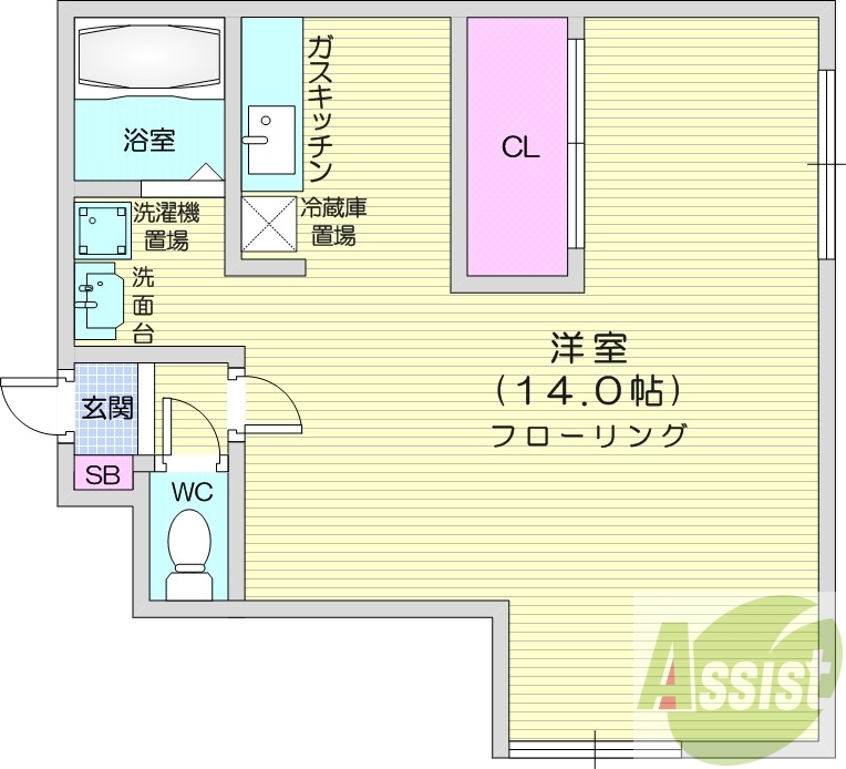 1LDK、洗髪洗面化粧台、ガスキッチン、シューズボックス