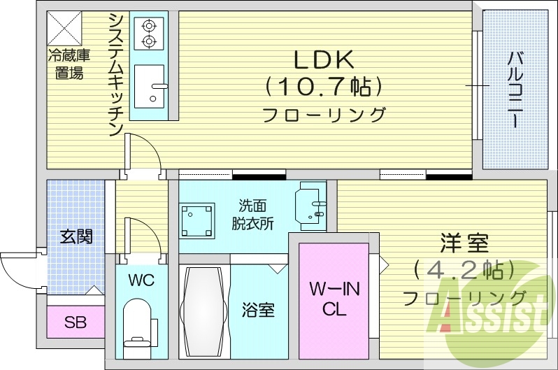 1LDK、エアコン、灯油暖房、システムキッチン