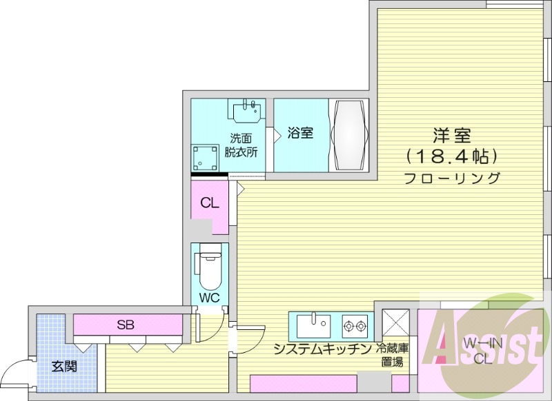 1R、エアコン、都市ガス、システムキッチン、追い焚き