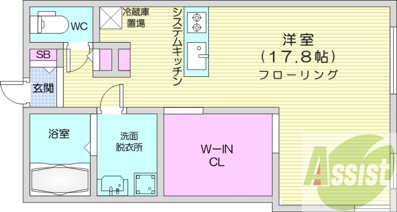 1R、エアコン、都市ガス、システムキッチン、追い焚き
