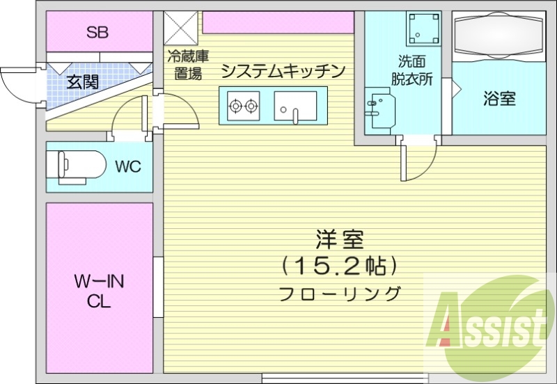 1R、エアコン、都市ガス、システムキッチン、追い焚き