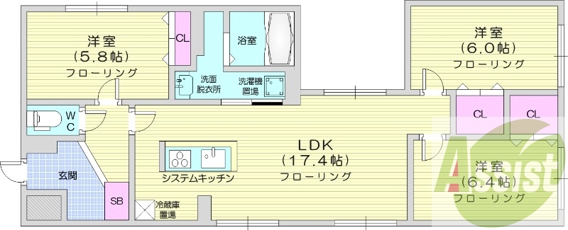 3LDK、エアコン、システムキッチン、灯油暖房