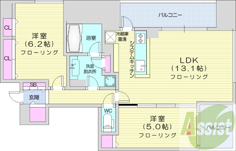 2LDK、眺望良好、対面システムキッチン、サービスバルコニー