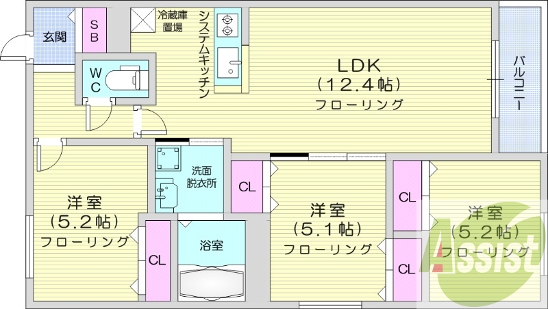3LDK、都市ガス、エアコン、システムキッチン