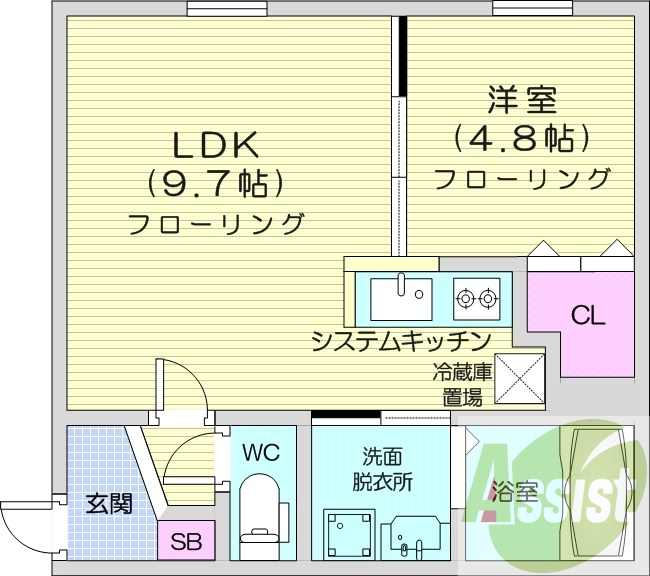 1LDK、都市ガス、エアコン、システムキッチン