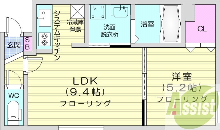 1LDK、都市ガス、エアコン、システムキッチン