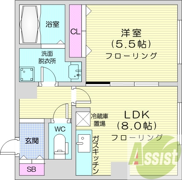 1LDK、オートロック、角部屋、天然ガス、バストイレ別