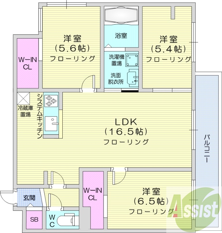 3LDK、都市ガス、エアコン、システムキッチン