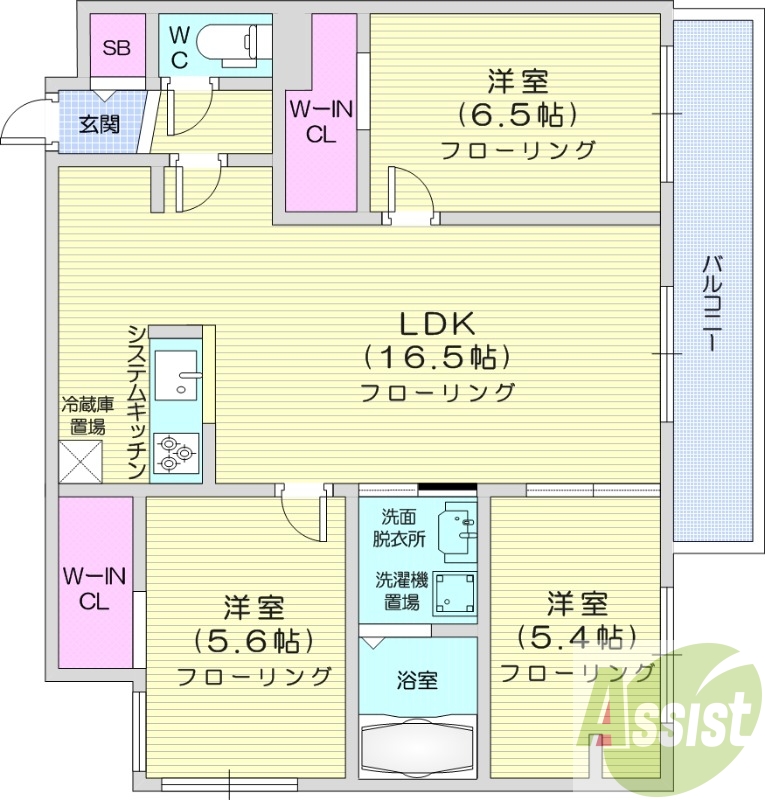 3LDK、都市ガス、エアコン、システムキッチン