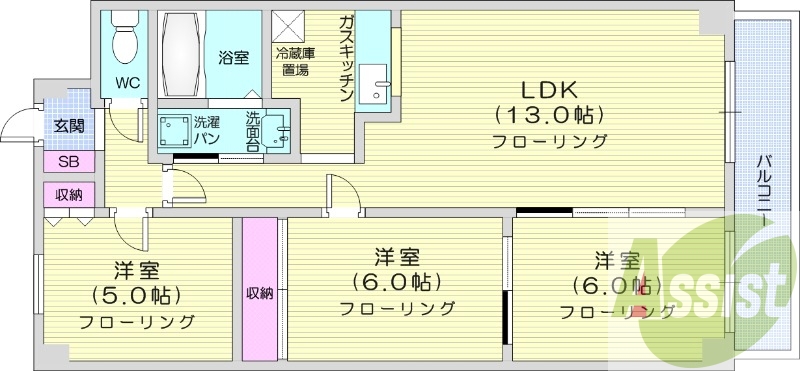 3LDK、バストイレ別、シャンドレ、エレベーター