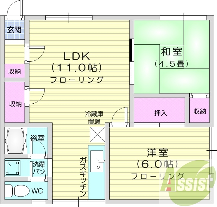 2LDK、灯油暖房、角部屋、バストイレ別