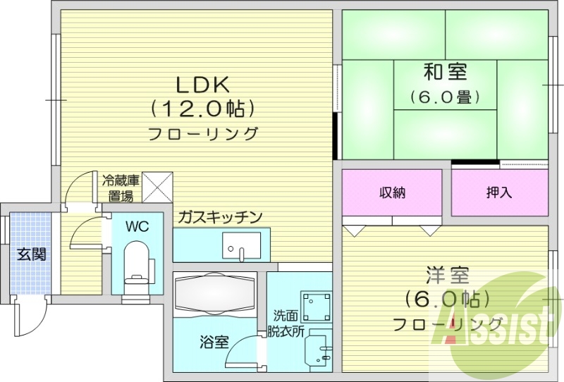 2LDK、灯油暖房、トランクルーム、独立洗面台