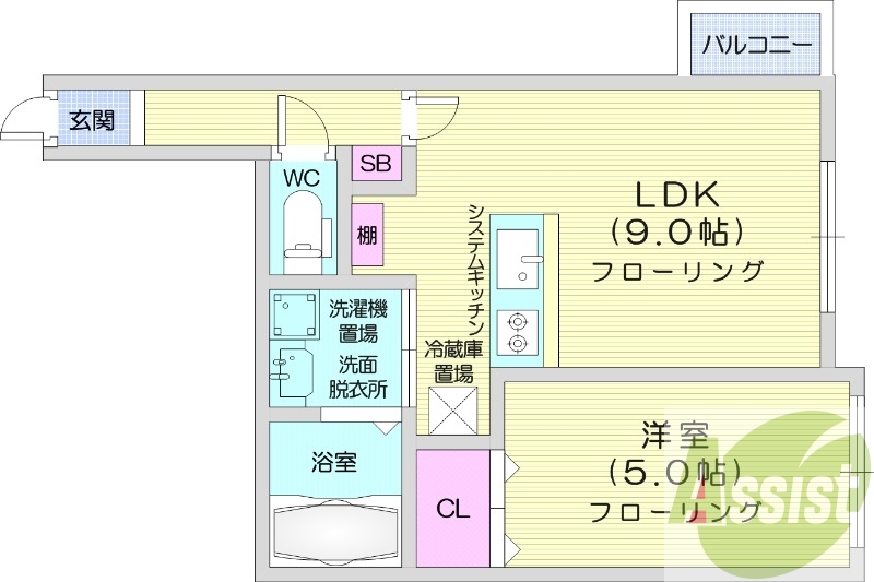 1LDK、オートロック、バストイレ別、浴室TV