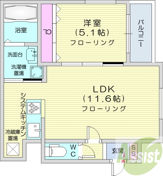 1LDK、エアコン、システムキッチン、シャワートイレ