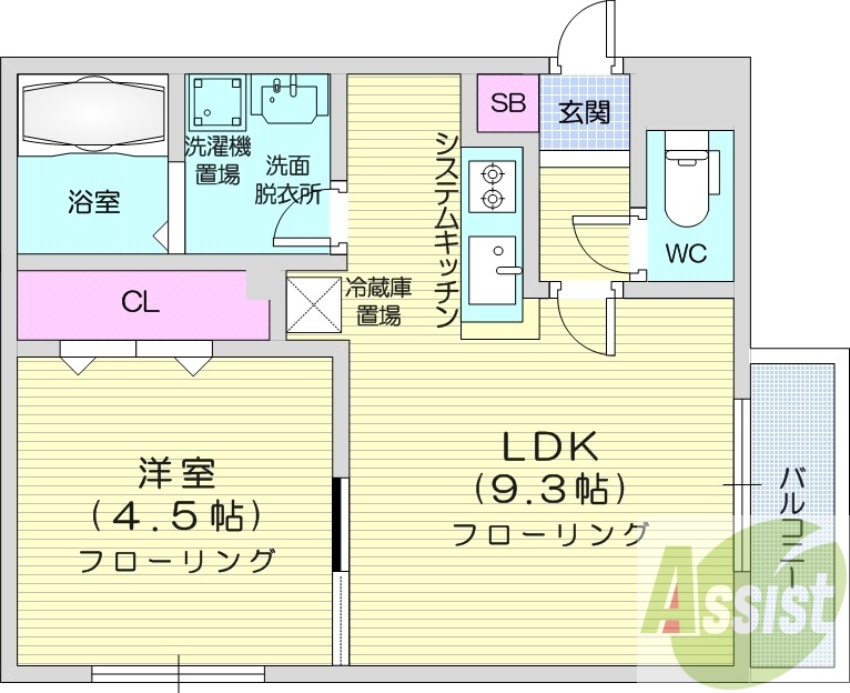 1LDK、都市ガス、エアコン、システムキッチン、ネット無料