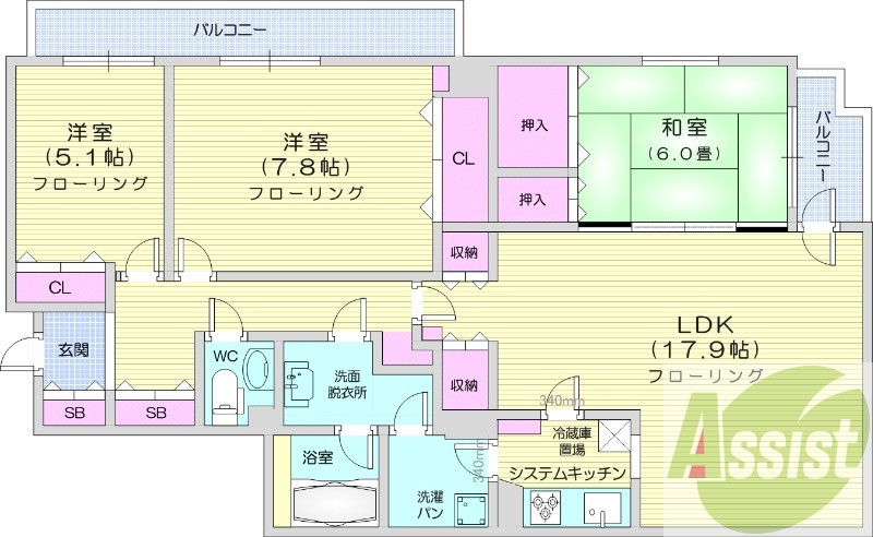 3LDK、エアコン、分譲タイプ、都市ガス