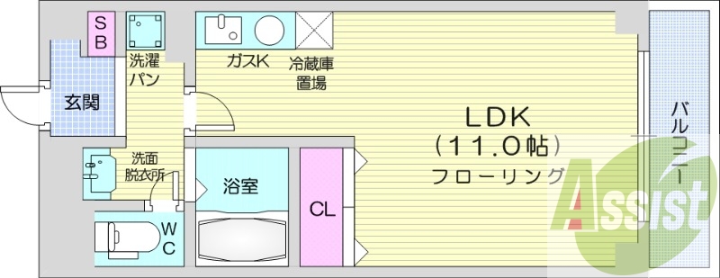 1K、都市ガス、エレベーター、ネット無料