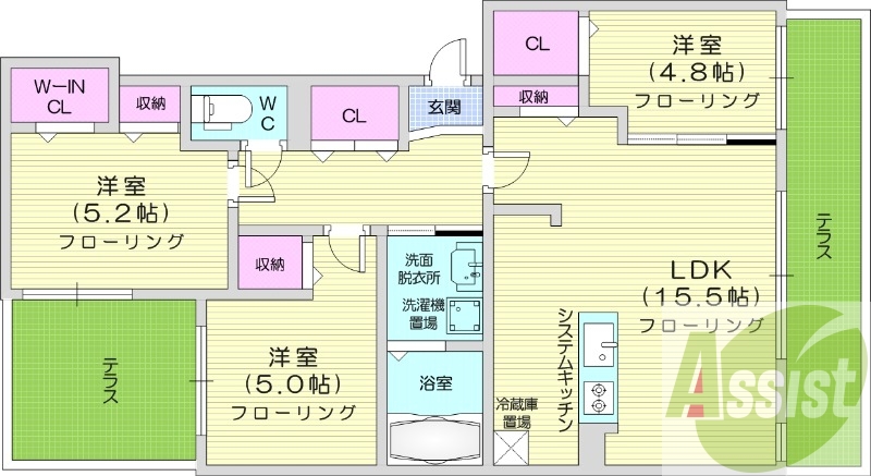 3LDK、エアコン、ネット無料、システムキッチン