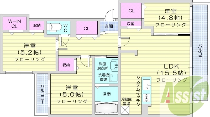 3LDK、エアコン、ネット無料、システムキッチン
