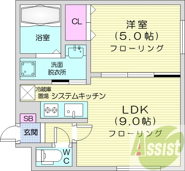 1LDK、エアコン、システムキッチン、独立洗面台