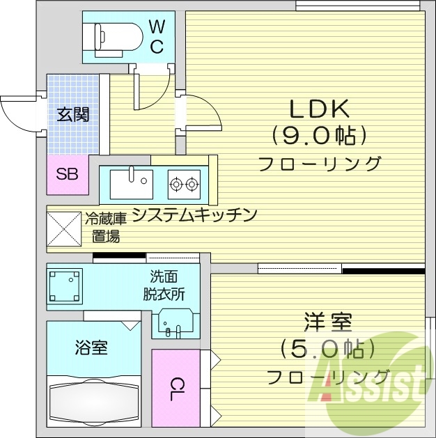 1LDK、エアコン、システムキッチン、独立洗面台