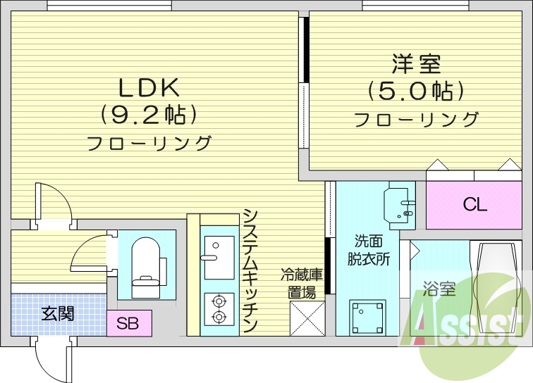 1LDK、エアコン、システムキッチン、独立洗面台