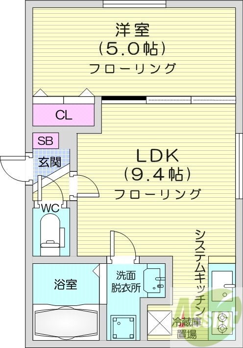 1LDK、エアコン、システムキッチン、独立洗面台
