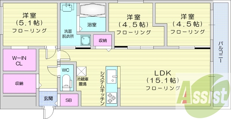 3LDK、都市ガス、エアコン、浴室乾燥機