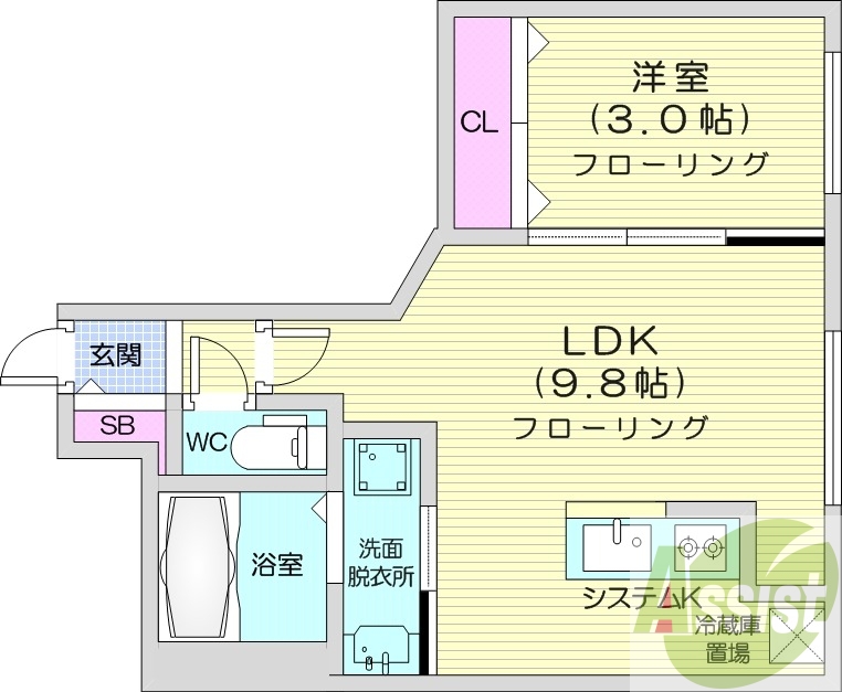 1LDK、エアコン、システムキッチン、ネット無料
