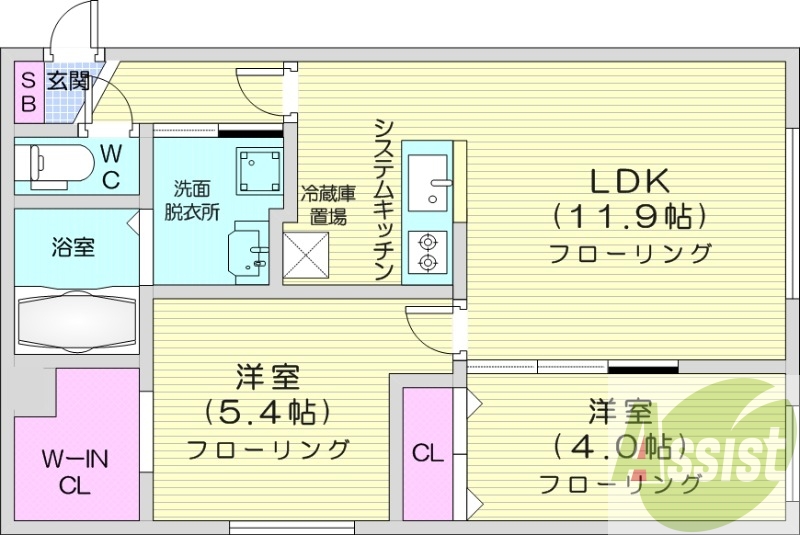 2LDK、エアコン、システムキッチン、ネット無料