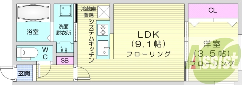 1LDK、エアコン、システムキッチン、ネット無料