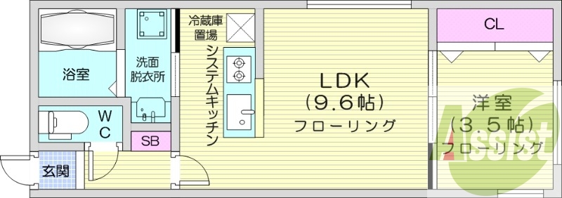 1LDK、エアコン、システムキッチン、ネット無料