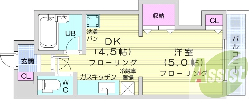 1DK、バストイレ別、ガスFF暖房、ガス給湯