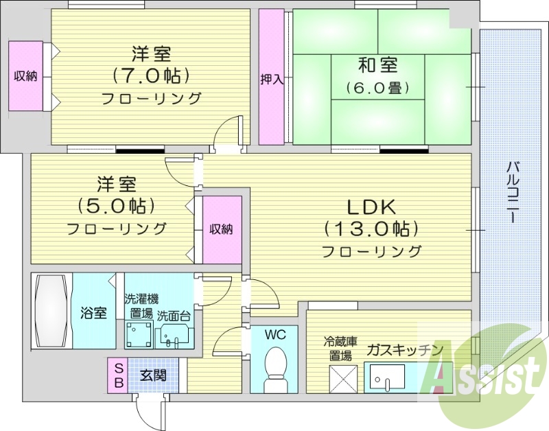 3LDK、オートロック、角部屋、バルコニー