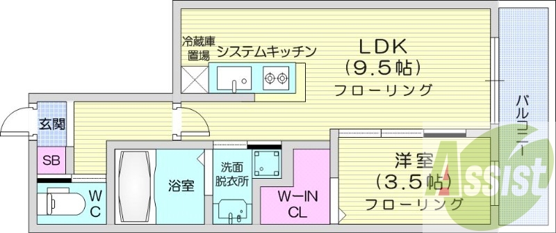 1LDK、都市ガス、エアコン、システムキッチン、浴室乾燥機