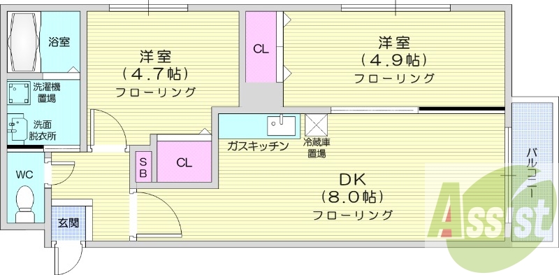2DK、エアコン、浴室乾燥機、ネット無料、独立洗面台