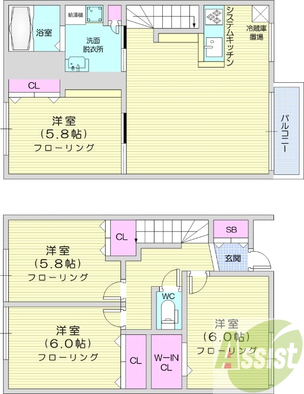 4LDK、メゾネット、駐車場2台、追い炊き