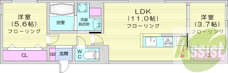 2LDK、都市ガス、エアコン、追い焚き、システムキッチン