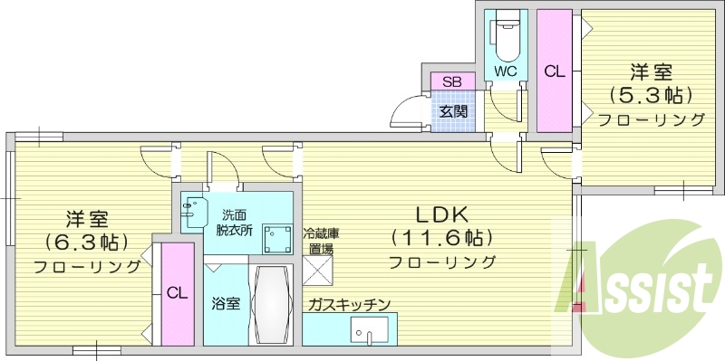 2LDK、灯油暖房、モニターホン、バストイレ別