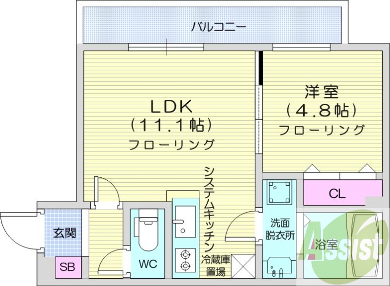 1LDK、都市ガス、エアコン、システムキッチン
