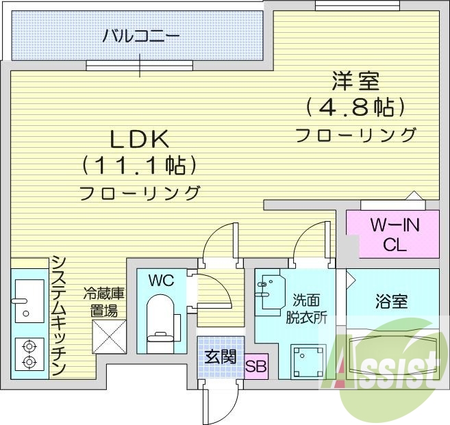 1LDK、都市ガス、エアコン、システムキッチン