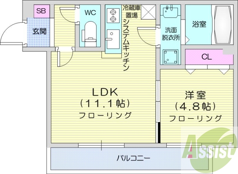 1LDK、都市ガス、エアコン、システムキッチン