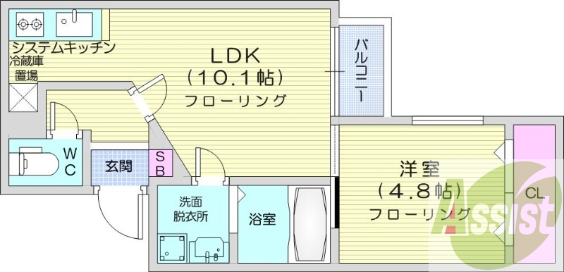 1LDK、都市ガス、エアコン、システムキッチン