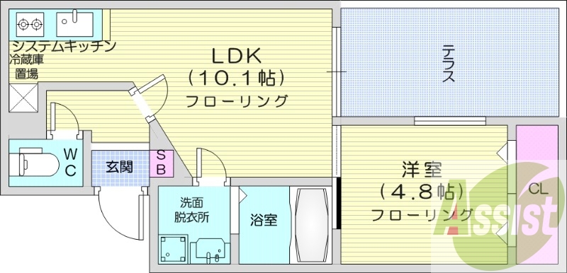1LDK、都市ガス、エアコン、システムキッチン