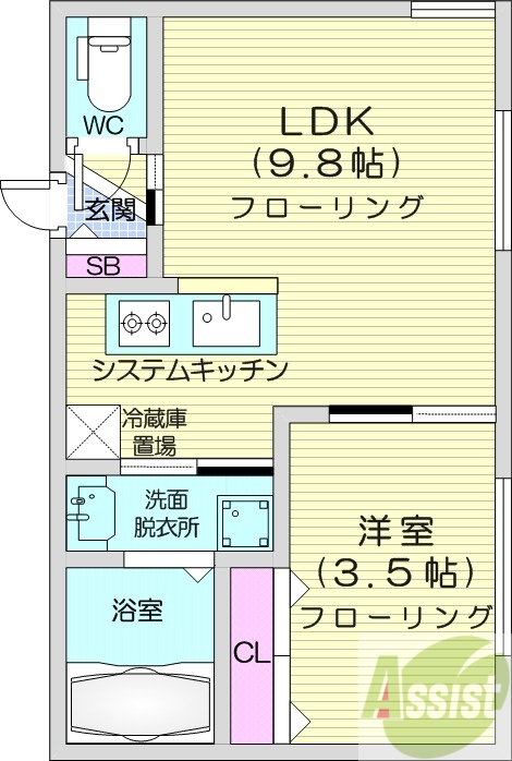 1LDK、システムキッチン、エアコン、灯油暖房
