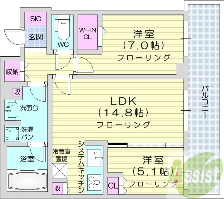 2LDK、システムキッチン、シャワートイレ、追い焚き